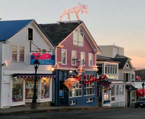 View of colorful shops in Bar Harbor, Mount Desert Island, Maine